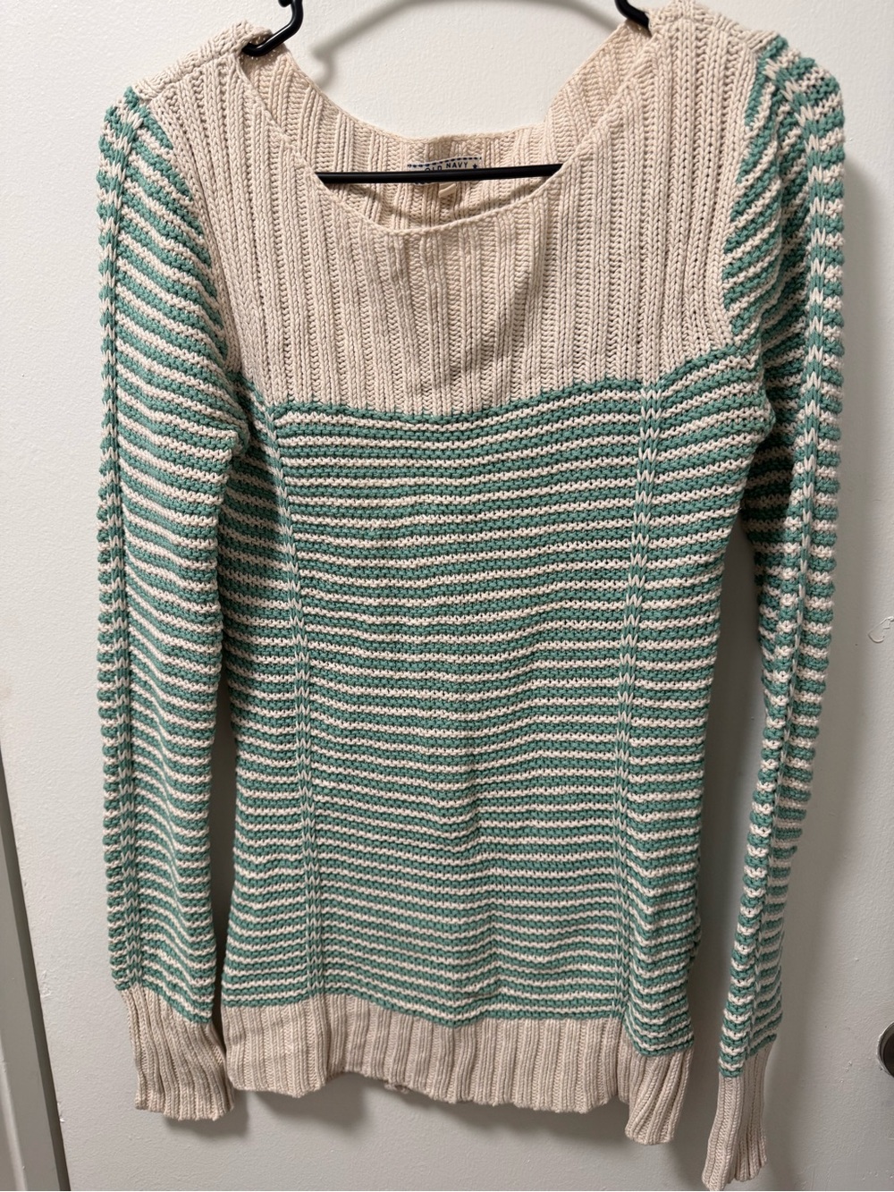 Vintage Old Navy Y2K Sweater S Aqua Cream Striped Boat Neck Knit